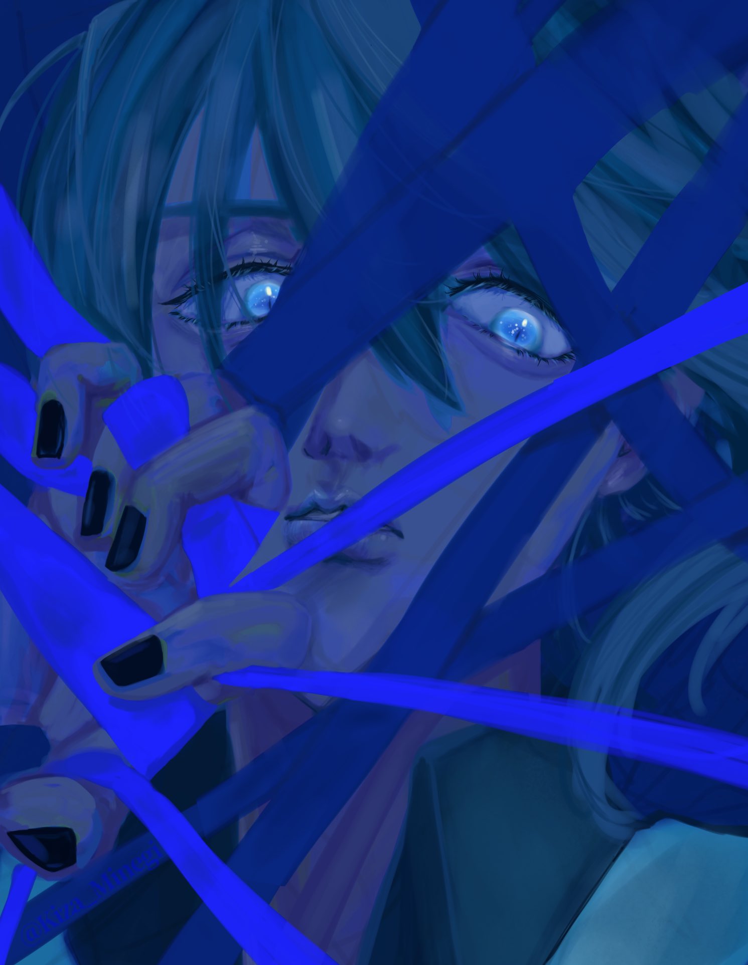 1girl, ado_(utaite), black_nails, blue_eyes, blue_hair, blue_theme, cloud_nine_inc, hair_between_eyes