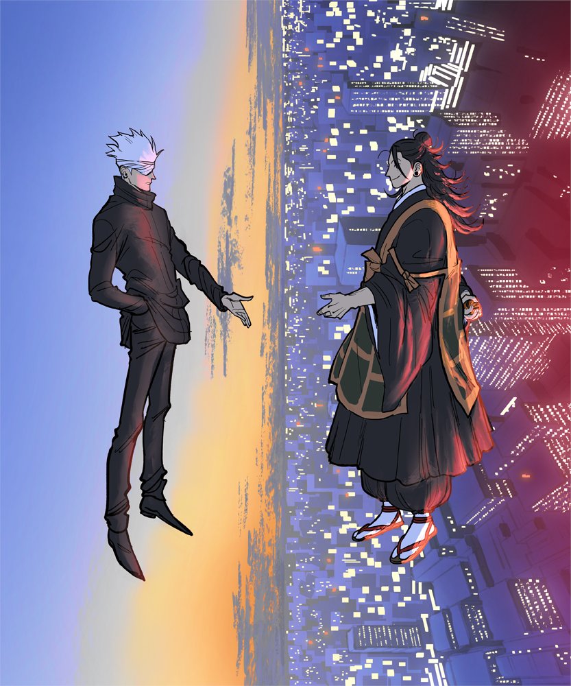 2boys, black_clothing, black_hair, city, clouds, evening, getou_suguru, gojou_satoru