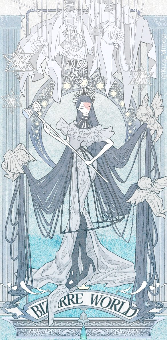 1girl, absurdly_long_hair, ado_(utaite), blue_hair, closed_eyes, cloud_nine_inc, commentary, dress, english_text, gira_gira, hammer, holding, holding_hammer, kiza_minegi, long_hair, solo, very_long_hair, white_dress