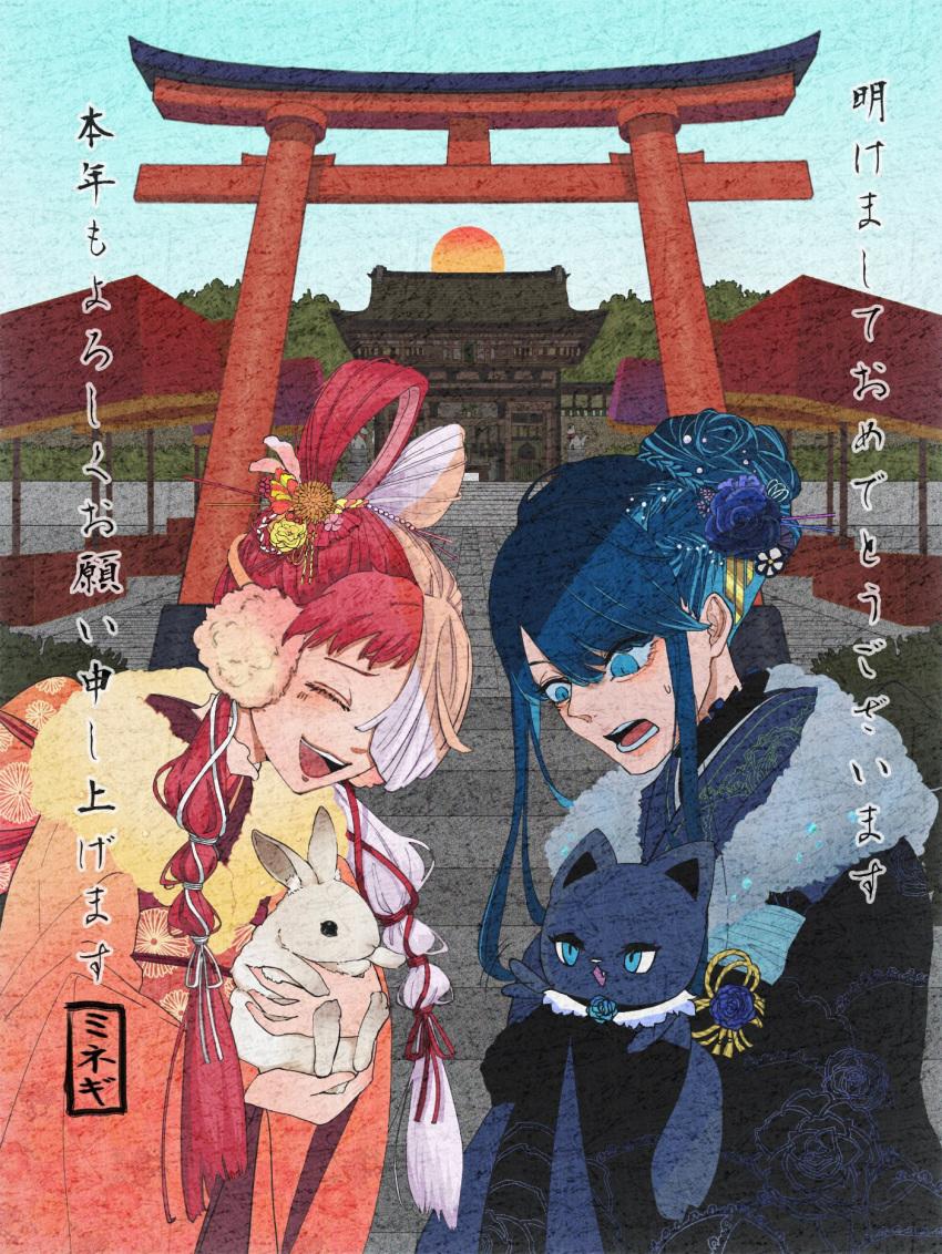 2girls, ado_(utaite), black_kimono, blue_eyes, blue_flower, blue_hair, blue_rose, cat