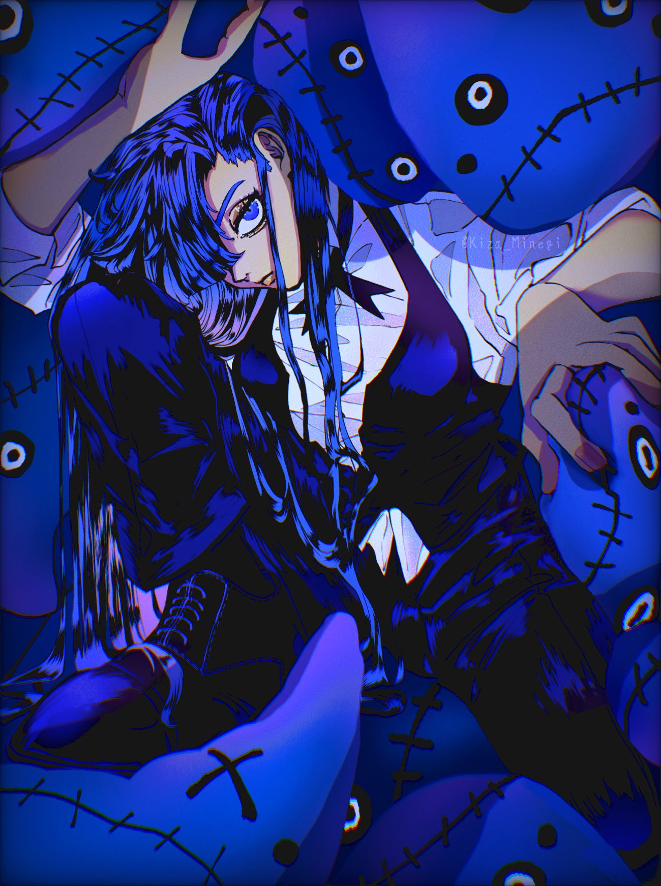 1girl, ado_(utaite), black_footwear, black_pants, black_vest, blue_eyes, blue_hair, blue_theme