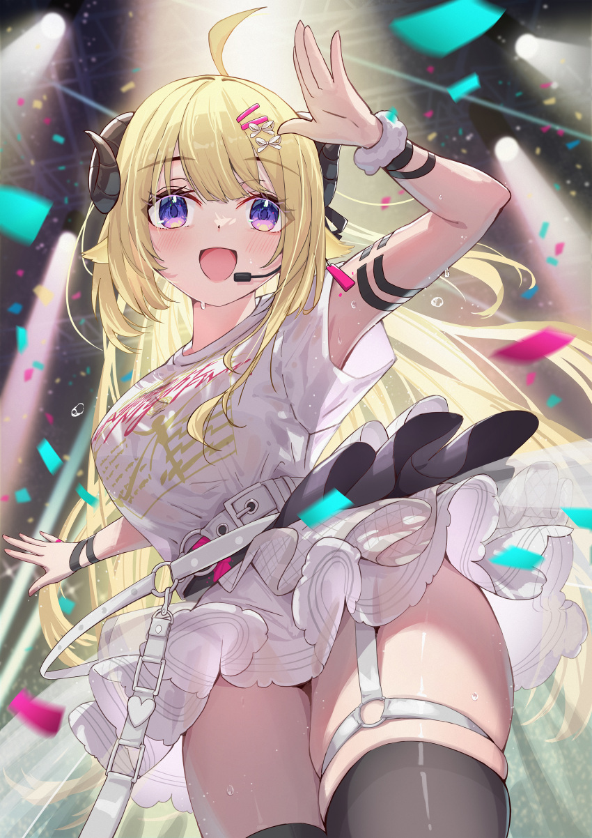 1girl, absurdres, ahoge, animal_ears, belt, black_thighhighs, blonde_hair, blush