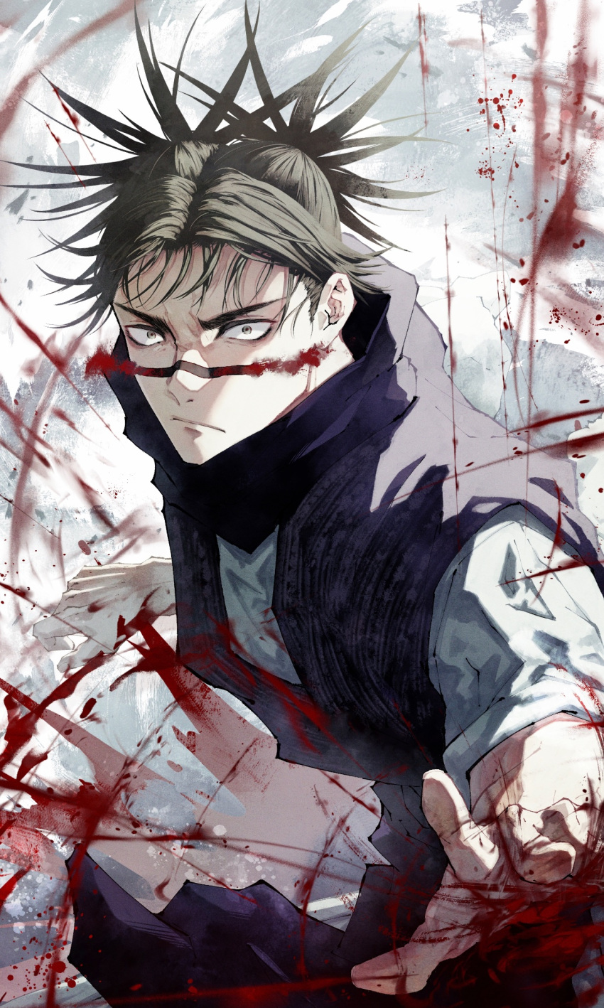 1boy, akigiri_pp, black_hair, choso_(jujutsu_kaisen), expressionless, fighting_stance, grey_eyes, highres