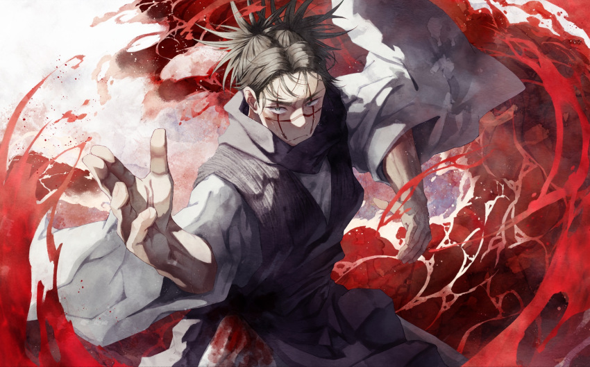 1boy, akigiri_pp, black_hair, blood, brown_eyes, choso_(jujutsu_kaisen), cowboy_shot, facial_tattoo