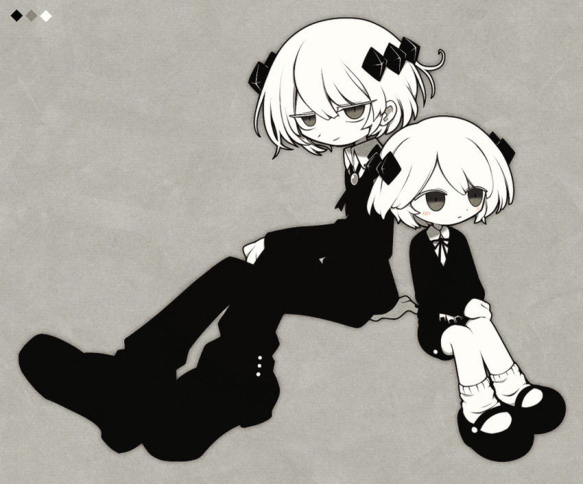 1boy, aged_up, black_eyes, black_footwear, black_jacket, black_nails, black_pants, black_ribbon, blush, boots, child, collared_shirt, colored_skin, commission, crystal_hair_ornament, expressionless, funamusea, funamusea_(artist), genderswap, genderswap_(ftm), grey_background, jacket, long_sleeves, official_art, pants, ribbon, sandals, shirt, short_hair, silhouette_(funamusea), sitting, skeb_commission, socks, white_hair, white_shirt, white_skin
