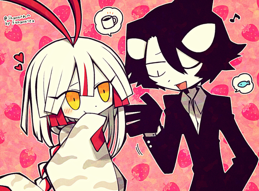 1boy, 1girl, antenna_hair, artist_name, black_eyes, black_gloves, black_hair, black_suit