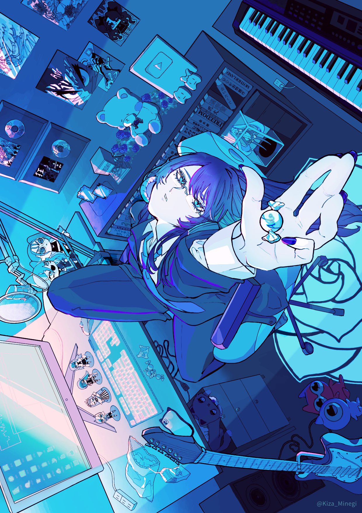 1girl, ado_(utaite), akuru-chan, annotation_request, atashi_wa_mondaisaku, blue_flower, blue_hair, blue_jacket, blue_nails, blue_necktie, blue_pants, blue_rose, blue_theme, candy, cellphone, chando_(ado), character_name, cloud_nine_inc, commentary, domestic_de_violence, eien_no_akuru_hi, electric_guitar, figure, flower, food, freedom_(ado), gira_gira, guitar, hatsune_miku, highres, himawari_(ado), indoors, instrument, jacket, kagakushu_(ado), keyboard_(computer), keyboard_(instrument), kiza_minegi, long_hair, long_sleeves, looking_at_viewer, love_ka?_(vocaloid), merry_(readymade), microphone, mole, mole_under_eye, monitor, mouse_(computer), nail_polish, naima_(usseewa), necktie, odo_(song), pants, parted_lips, partially_annotated, phone, pop_filter, readymade, rebellion_(ado), rose, shirt, sidelocks, sitting, smartphone, smartphone_case, solo, song_request, speaker, stuffed_animal, stuffed_toy, symbol-only_commentary, teddy_bear, tooth, twitter_username, upside-down, usseewa, utaite, vocaloid, white_shirt, youtube