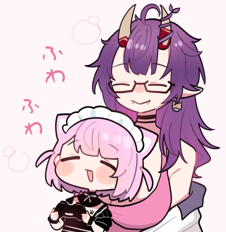 2girls, ahoge, animal_ears, black_choker, blunt_bangs, blush, bow, bowtie