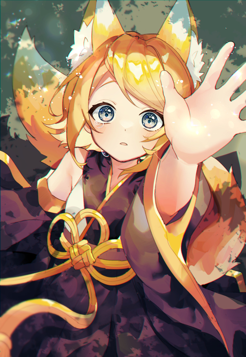 1girl, animal_ear_fluff, animal_ears, arm_up, black_kimono, blonde_hair, blue_eyes, fox_ears