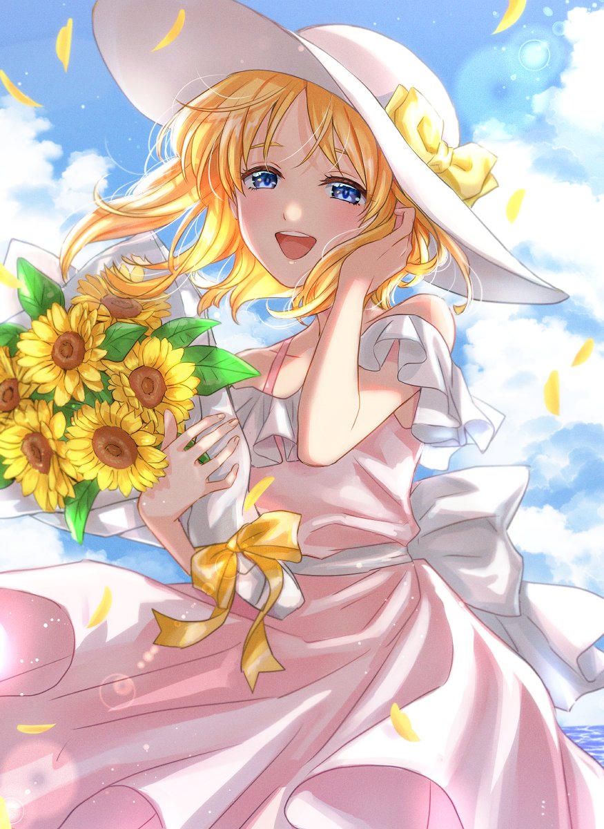 1girl, :d, akira_ituki, blonde_hair, blue_eyes, blue_sky, bouquet, bow