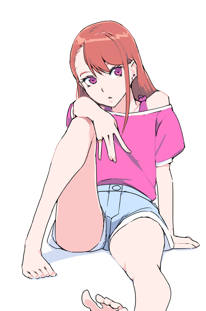 1girl, akinbo_(hyouka_fuyou), arm_support, asymmetrical_bangs, bare_legs, barefoot, blue_shorts, brown_hair