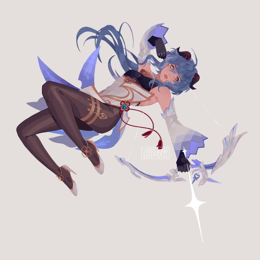 1girl, ahoge, amos'_bow_(genshin_impact), aqua_hair, arrow_(projectile), bare_shoulders, black_gloves, bodystocking