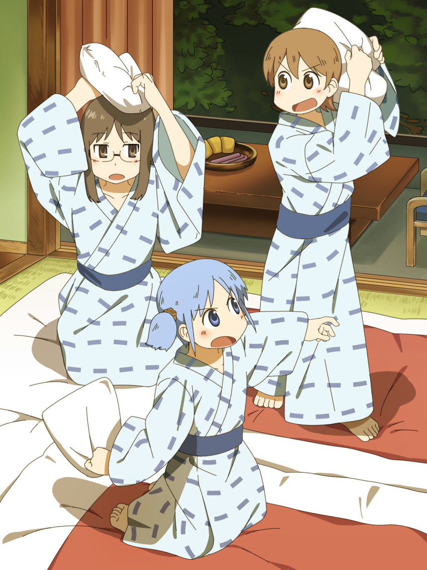 aioi_yuuko, arms_up, barefoot, blanket, blue_eyes, blue_hair, blue_kimono, brown_eyes
