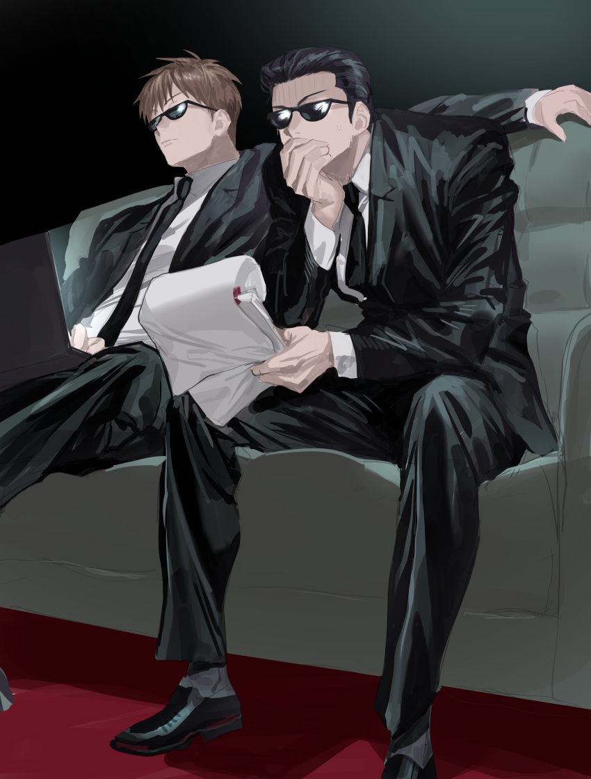 2boys, absurdres, black_footwear, black_hair, black_jacket, black_necktie, black_pants, brown_hair