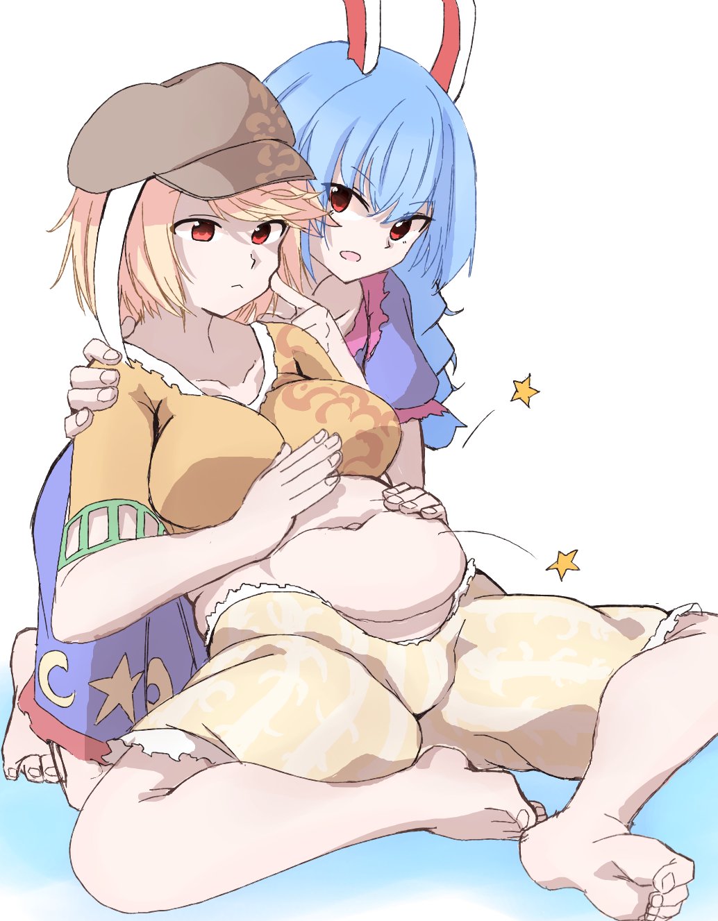 2girls, bad_source, highres, multiple_girls, patting_belly, plump, ringo_(touhou), seiran_(touhou)