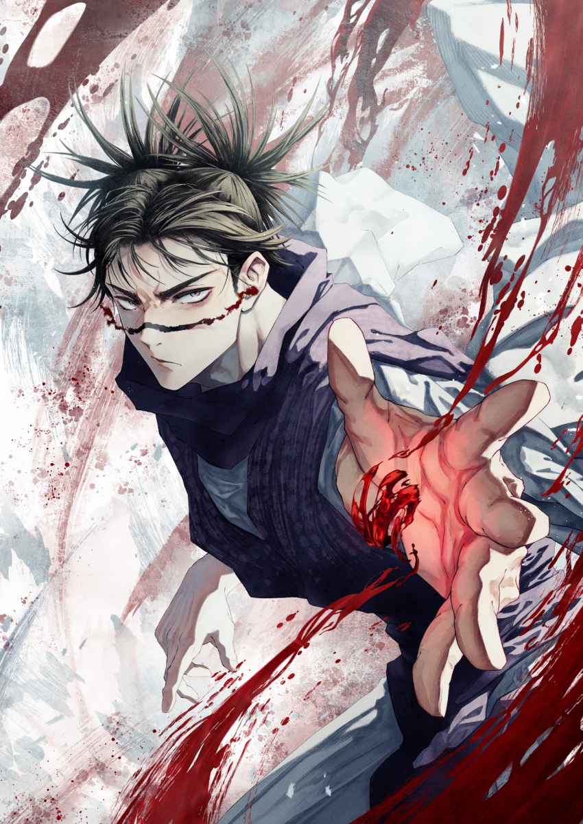 1boy, akigiri_pp, blood, choso_(jujutsu_kaisen), expressionless, facial_tattoo, fighting_stance, grey_eyes