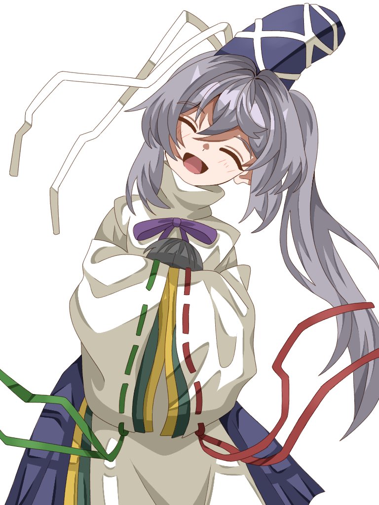 1girl, black_headwear, black_skirt, closed_eyes, commentary, grey_hair, hat, kanzaki_tsuki, leaning_to_the_side, long_hair, mononobe_no_futo, open_mouth, ponytail, ribbon-trimmed_sleeves, ribbon_trim, simple_background, skirt, solo, tate_eboshi, touhou, white_background, white_headwear