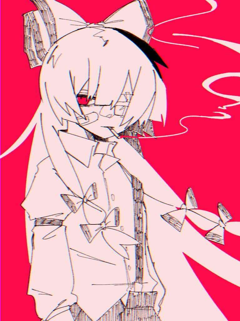 1girl, bandaid, bandaid_on_cheek, bandaid_on_face, bow, chromatic_aberration, cigarette, collared_shirt, fujiwara_no_mokou, gauze_on_face, gauze_over_eye, greyscale, greyscale_with_colored_background, hair_bow, hatching_(texture), long_hair, long_sleeves, mechakuchagenki, monochrome, one-hour_drawing_challenge, one_eye_covered, red_background, red_eyes, shirt, shirt_tucked_in, simple_background, sleeve_garter, smoke, smoking, solo, spot_color, standing, suspenders, touhou, upper_body
