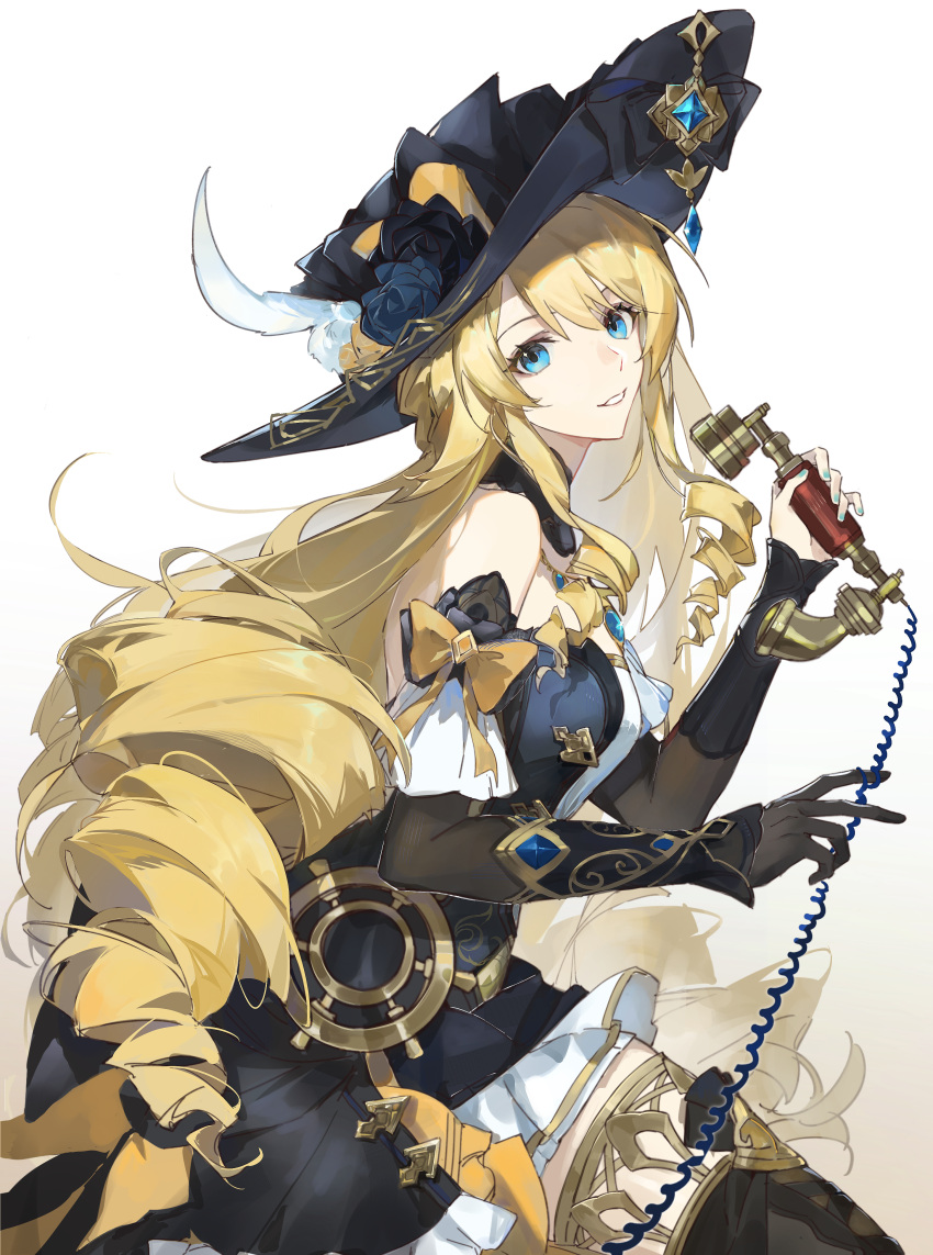 1girl, absurdres, bare_shoulders, black_dress, black_flower, black_gloves, black_headwear, black_rose, blonde_hair, blue_eyes, blue_flower, blue_gemstone, blue_nails, blue_rose, bolofan, commentary_request, corded_phone, cowboy_shot, detached_sleeves, dress, drill_hair, drill_sidelocks, flower, from_side, gem, genshin_impact, gloves, grin, hat, hat_feather, hat_flower, highres, holding, holding_phone, long_hair, looking_at_viewer, navia_(genshin_impact), phone, rose, sidelocks, single_glove, smile, solo, strapless, strapless_dress, very_long_hair