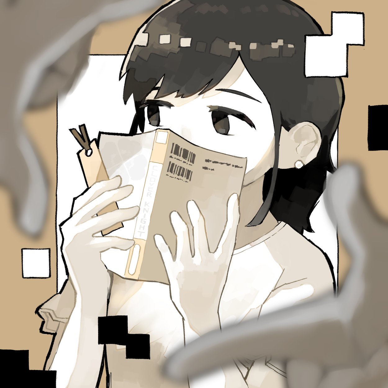 1girl, averting_eyes, blurry, blurry_foreground, book, bookmark, border, brown_border