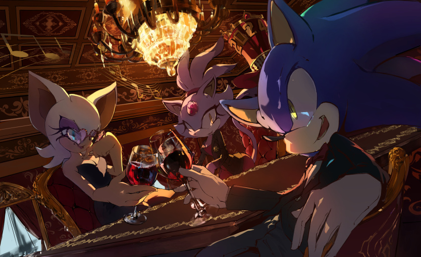 1boy, 2girls, alcohol, animal_ears, ballroom, bat_ears, bat_girl, blaze_the_cat