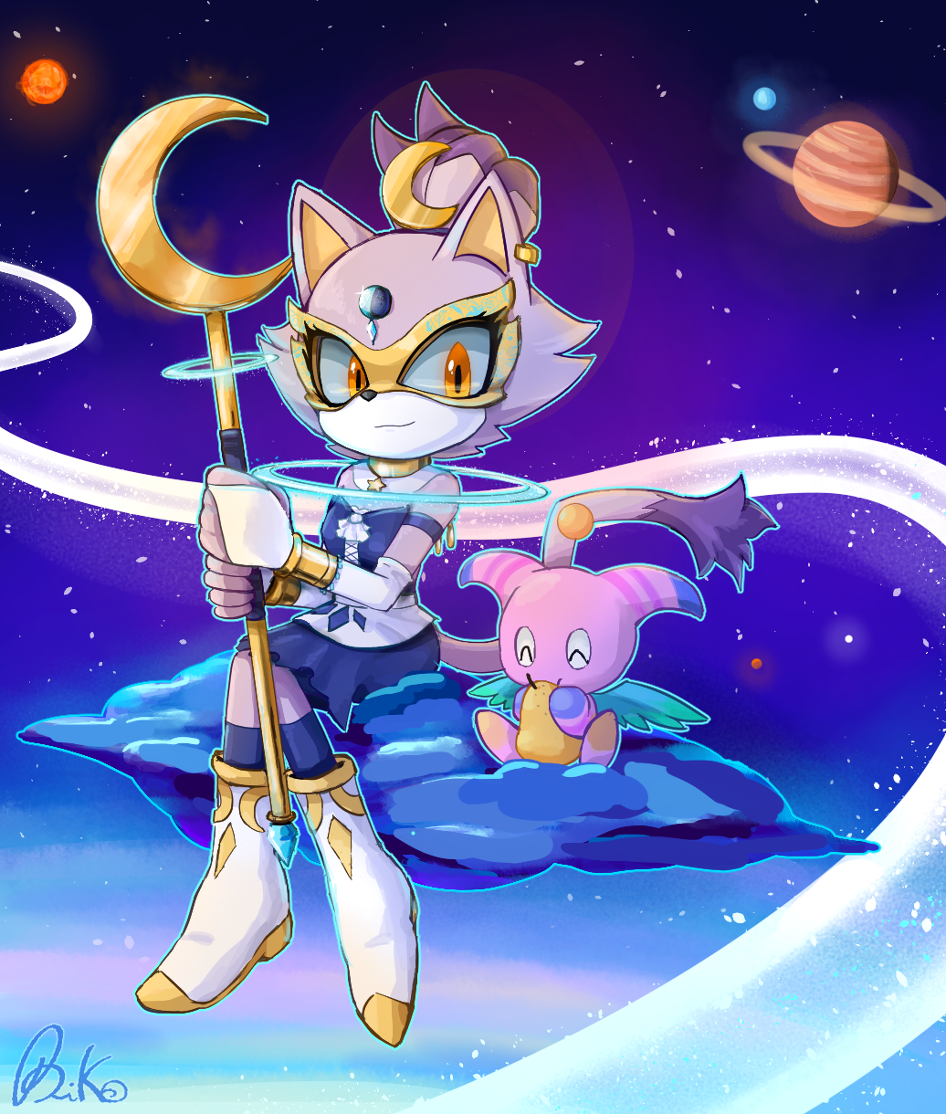 1girl, animal_ears, biko97, blaze_the_cat, cat_ears, cat_girl, cat_tail, chao_(sonic), clouds, crescent, earrings, eating, food, forehead_jewel, fruit, furry, furry_female, highres, holding, holding_food, holding_fruit, holding_staff, jewelry, night, night_sky, planet, planetary_ring, purple_fur, single_earring, sitting_on_cloud, sky, smile, sonic_(series), staff, star_(sky), starry_sky, tail, topknot, white_footwear, yellow_eyes