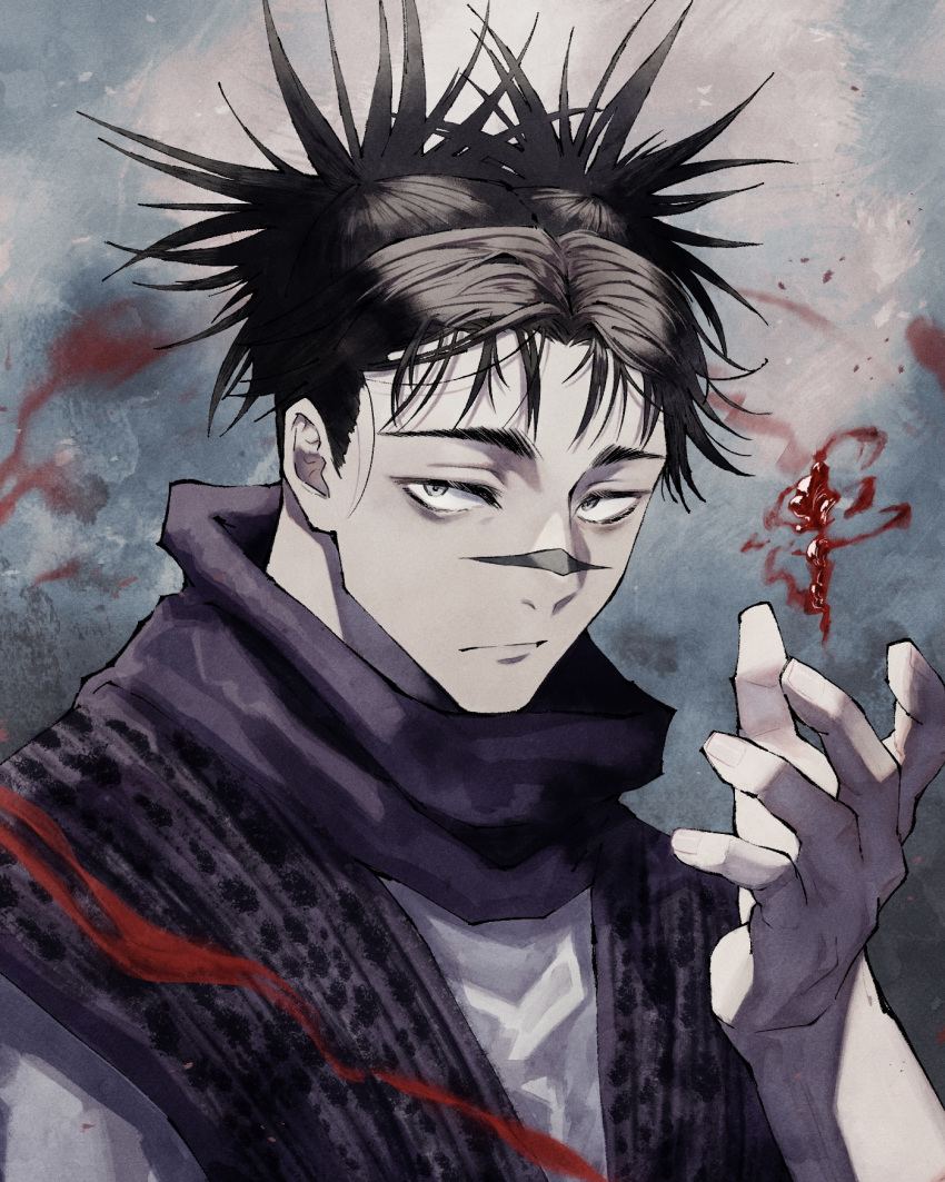 1boy, akigiri_pp, black_scarf, blood, choso_(jujutsu_kaisen), expressionless, facial_tattoo, grey_eyes
