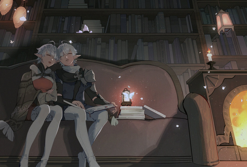 1boy, 1girl, ahoge, alisaie_leveilleur, alphinaud_leveilleur, armor, blanket, blue_shirt