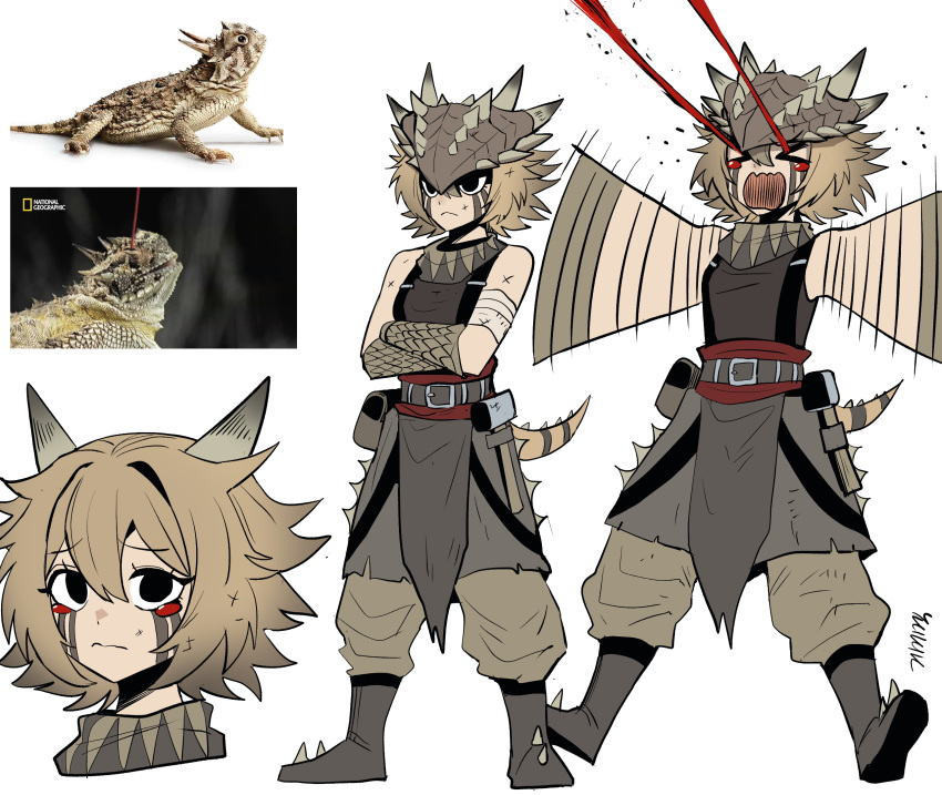 >_<, blood, bracer, facial_mark, flailing, gegegekman, highres, horns, lizard_tail, lizardman, national_geographic, original, pouch, reference_inset, reptile_boy, shoes, sleeveless, spiked_shoes, spikes, tail, white_background