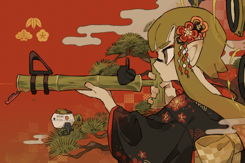 1girl, autobomb_(splatoon), bamboozler_14_(splatoon), black_kimono, clouds, commentary_request, flower, from_side