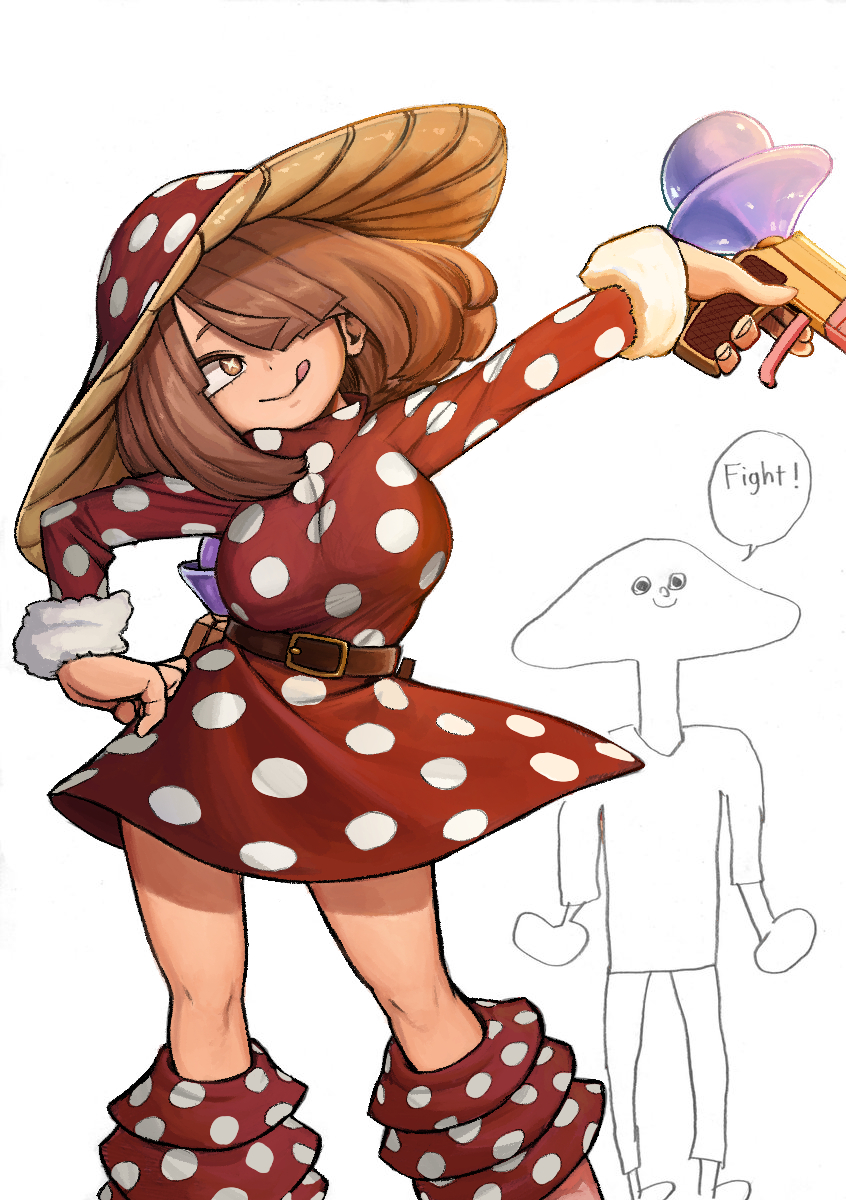 1boy, 1girl, belt, boku_no_hero_academia, brown_belt, brown_eyes, brown_hair, dress, fur-trimmed_sleeves, fur_trim, gun, hair_over_one_eye, highres, holding, holding_gun, holding_weapon, komori_kinoko, mushroom, mushroom_boy, mushroom_girl, mushroom_hat, polka_dot, polka_dot_dress, polka_dot_headwear, polka_dot_legwear, red_dress, speech_bubble, symbol-shaped_pupils, tongue, tongue_out, weapon, white_background, x-shaped_pupils, zomboyaku