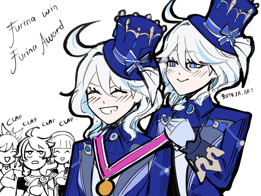 1boy, 3girls, absurdres, aether_(genshin_impact), ahoge, character_name, clapping, closed_eyes