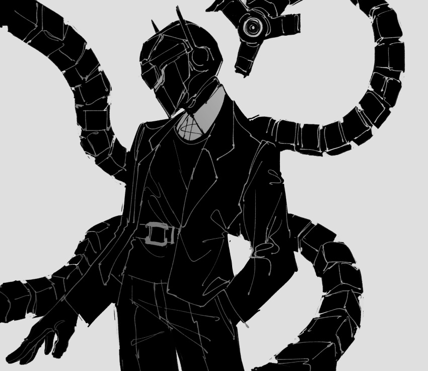1boy, android, bono_(project_moon), coat, collared_shirt, cowboy_shot, greyscale, helmet
