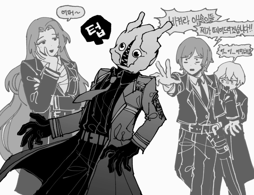 1boy, 1other, 2girls, belt, bongy_(project_moon), coat, collared_shirt, dante_(limbus_company)