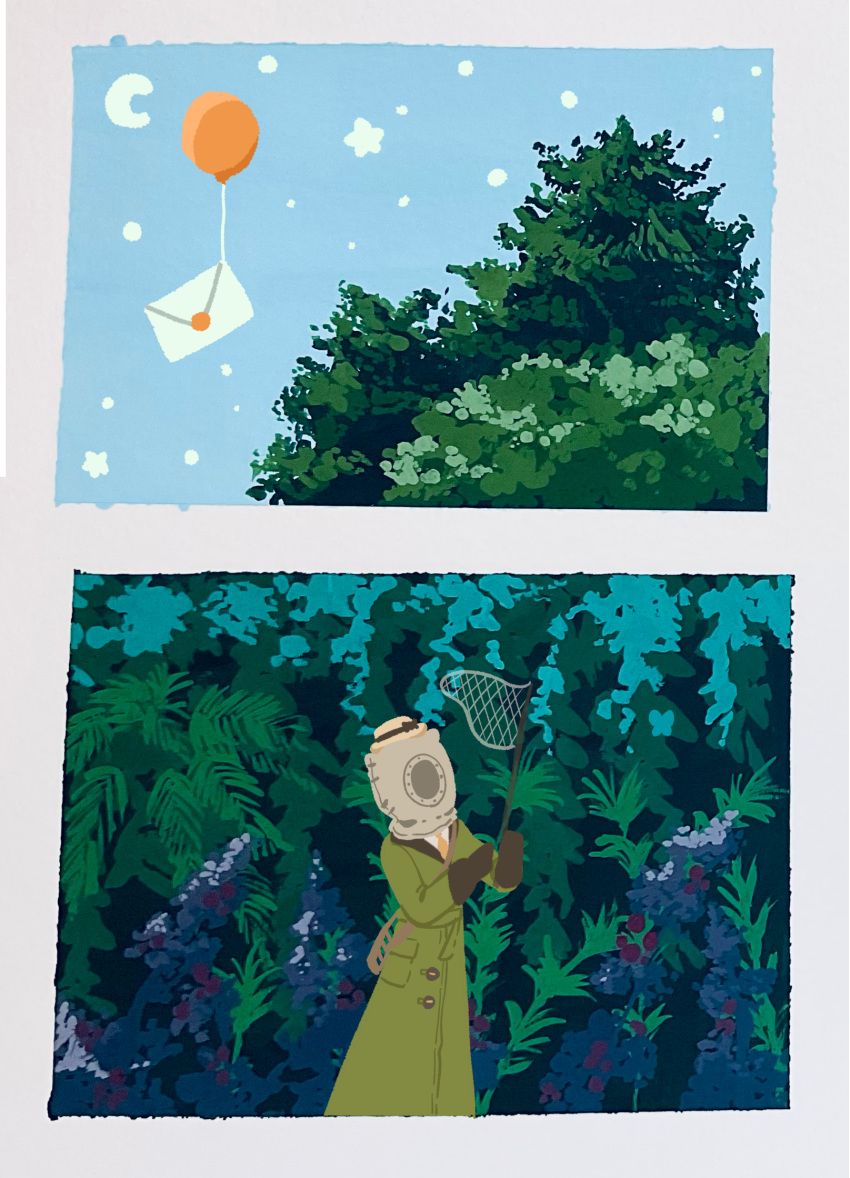 1girl, balloon, beekeeping_suit, black_bow, blue_sky, boater_hat, border, bow