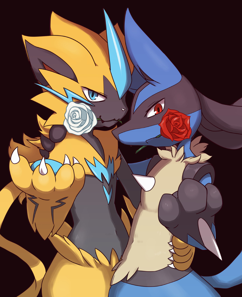 arm_around_waist, arm_on_another's_shoulder, black_background, blue_eyes, claws, enohito, flower, flower_in_mouth
