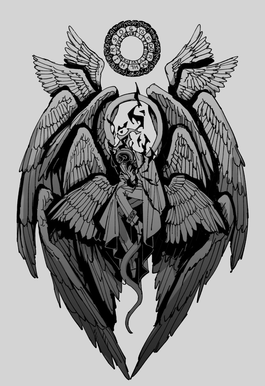 1other, absurdres, angel_wings, anklet, chain, clock, coat, coat_on_shoulders