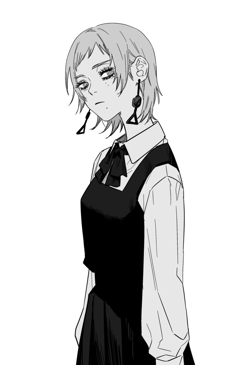 1girl, breasts, chainsaw_man, commentary_request, dress, earrings, fami_(chainsaw_man), fourth_east_high_school_uniform