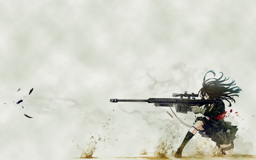 barrett_50_cal., berrett, brown_hair, gloves, gun, kneehighs, kozaki_yusuke, long_hair, original, skirt, sniper, weapon
