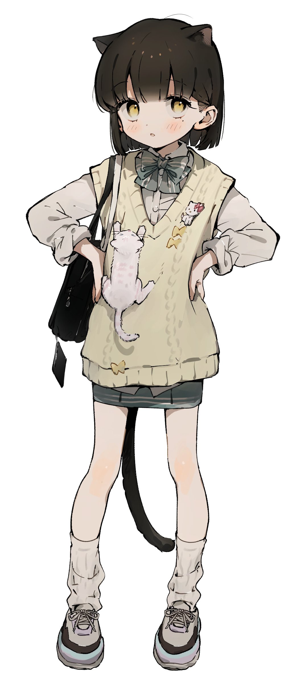 1girl, animal, animal_ear_fluff, animal_ears, animal_on_chest, bag, black_hair, blue_bow