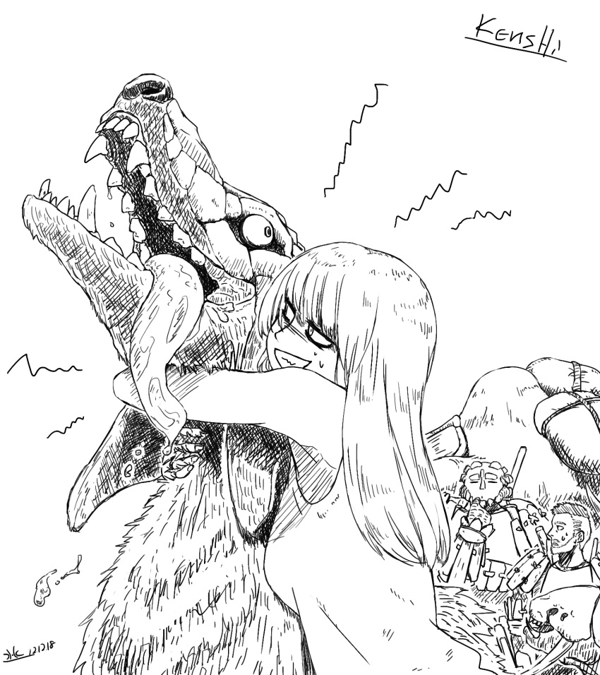 1girl, 2018, 2boys, animal_hug, bonedog, breasts, commentary_request, copyright_name