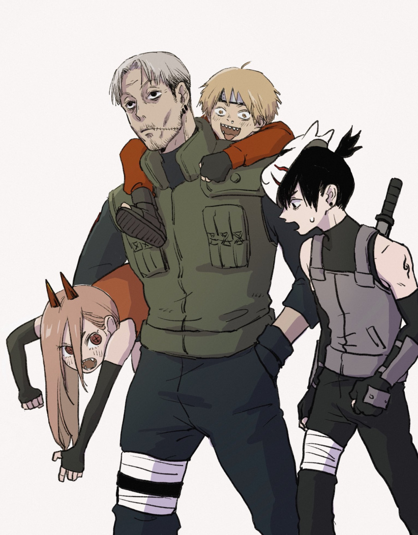 1girl, 3boys, aged_down, arm_guards, black_eyes, black_gloves, black_hair, blonde_hair
