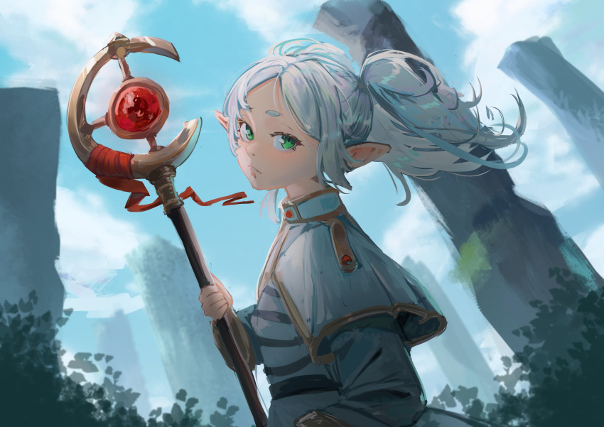 1girl, absurdres, blue_sky, capelet, commentary, elf, english_commentary, frieren