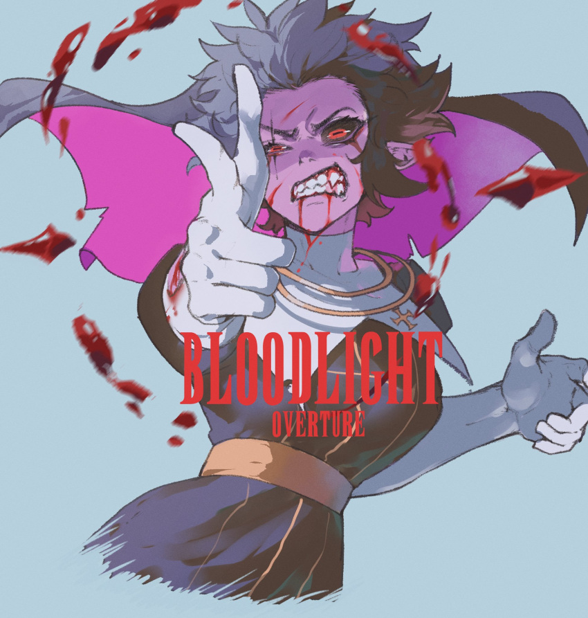 1girl, black_hair, black_sclera, blood, blue_background, clenched_teeth, colored_sclera, cross, elbow_gloves, english_text, gloves, habit, hemokinesis, highres, injury, nun, nyantcha, original, pointing, red_eyes, scar, scar_across_eye, sharp_teeth, sister_almonde_(nyantcha), solo, spiky_hair, teeth