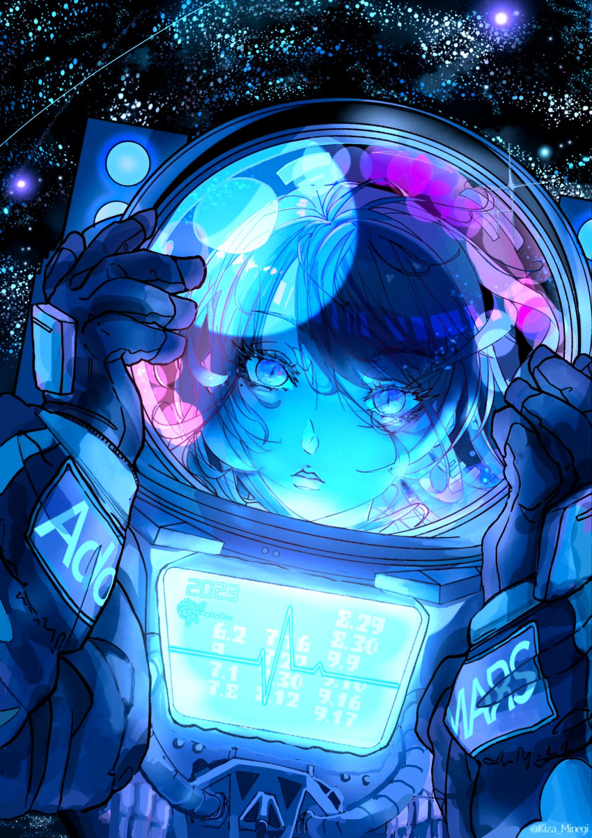 1girl, ado_(utaite), astronaut, blue_eyes, blue_theme, chando_(ado), character_name, cloud_nine_inc