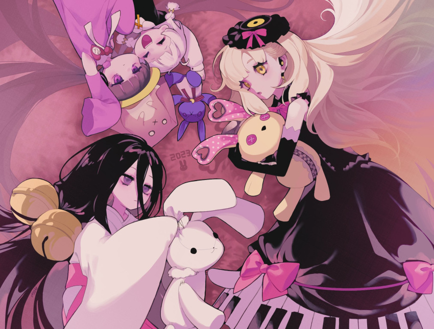4girls, :/, a.i._voice, arms_up, bell, black_dress, black_gloves, black_hair
