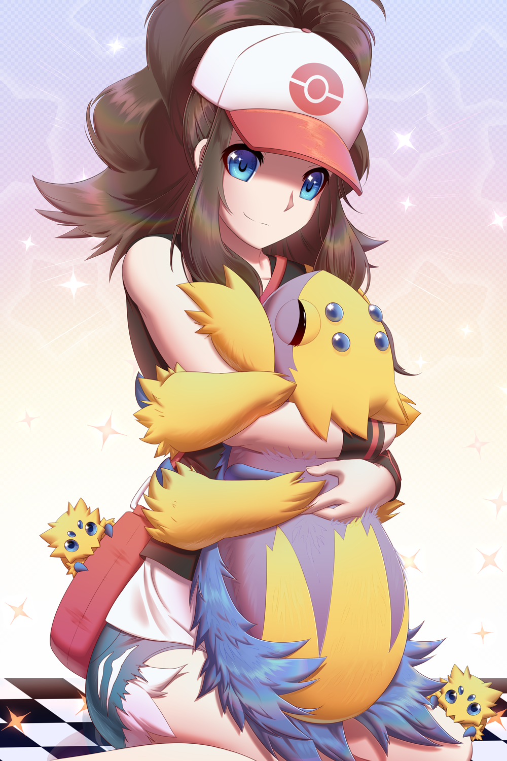 1girl, bag, baseball_cap, black_vest, blue_eyes, brown_hair, bug, closed_eyes, curly_hair, cutoffs, daimonkisora, denim, denim_shorts, galvantula, hat, high_ponytail, highres, hilda_(pokemon), holding, holding_pokemon, hug, joltik, long_hair, pink_bag, pokemon, pokemon_(creature), pokemon_bw, short_shorts, shorts, shoulder_bag, sidelocks, sitting, sleeveless, sparkle, spider, tank_top, vest, wariza, white_tank_top