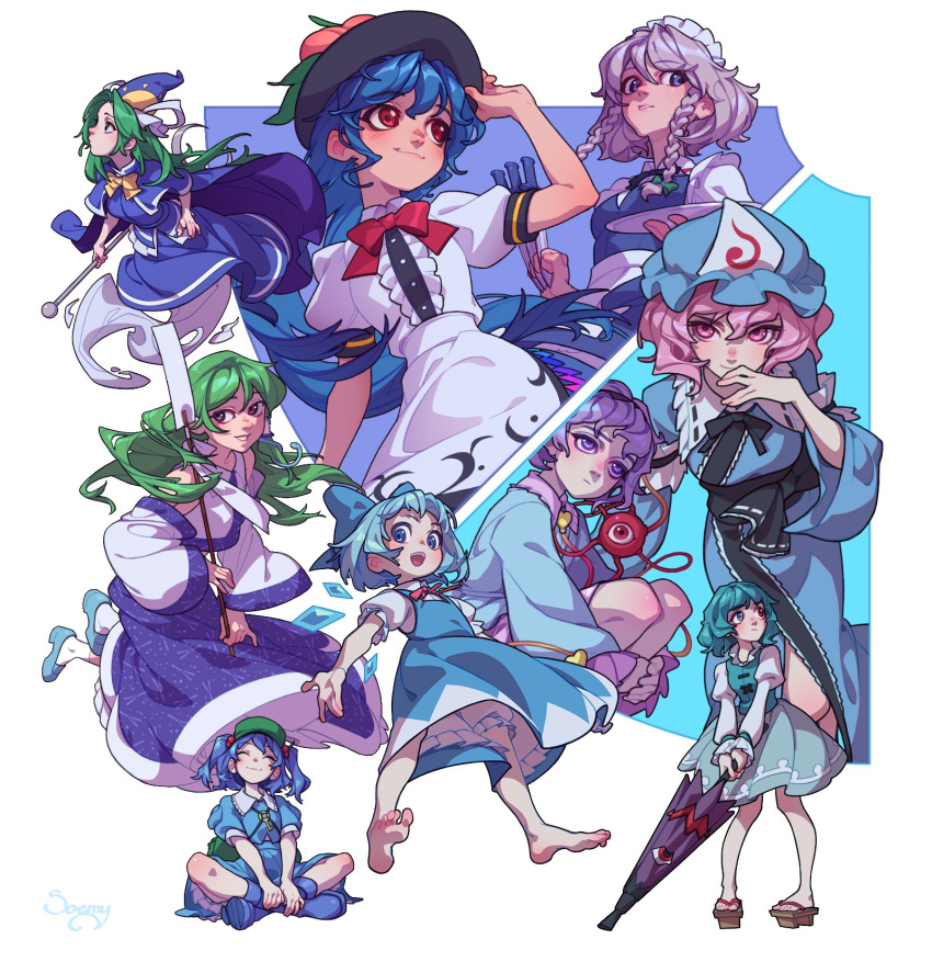 6+girls, :3, :d, apron, aqua_footwear, aqua_hair, aqua_vest, backpack