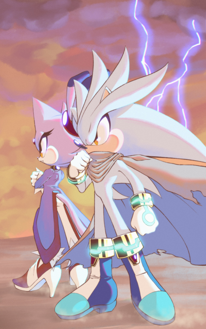 1boy, 1girl, absurdres, animal_ears, animal_nose, arm_at_side, blaze_the_cat, blue_footwear, body_fur, boots, cape, cat_ears, cat_girl, cat_tail, clenched_hands, closed_mouth, clouds, cloudy_sky, coat, colored_tips, commentary, covered_mouth, crossed_arms, dust, english_commentary, forehead_jewel, from_behind, from_side, fur-trimmed_footwear, fur-trimmed_gloves, fur_trim, gem, gloves, glowing, grey_bandana, grey_cape, hair_tie, hand_up, high_heels, highres, knee_boots, lightning, long_hair, long_sleeves, multicolored_hair, nano_(nanolovesyou), neon_trim, orange_background, orange_eyes, orange_sky, outdoors, pants, profile, purple_coat, purple_fur, purple_hair, red_footwear, red_gemstone, red_trim, shoes, short_hair, silver_the_hedgehog, sky, sonic_(series), tail, topknot, torn_cape, torn_clothes, two-sided_cape, two-sided_fabric, two-tone_fur, two-tone_hair, white_fur, white_gloves, white_hair, white_pants