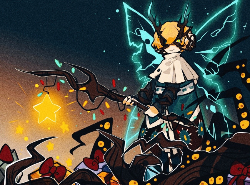 1boy, aislan, axe, blonde_hair, bow, capelet, closed_mouth, dress
